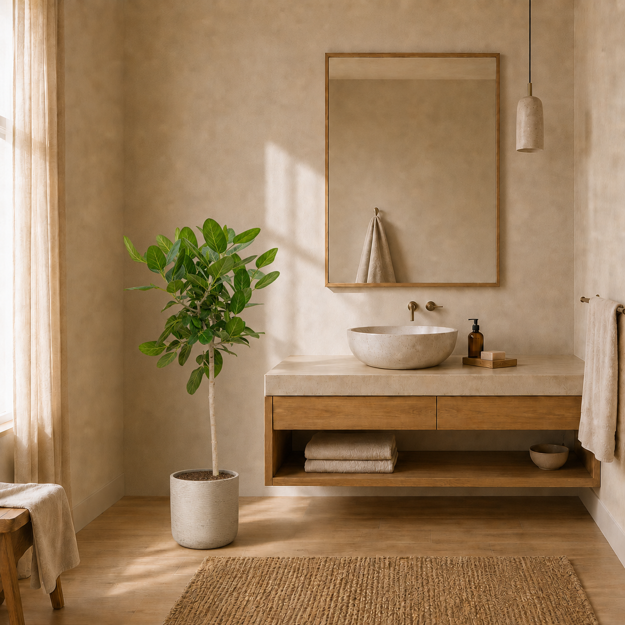 Ficus benghalensis 'Audrey' 130 cm v koupelně — květináč Charlie Grey Washed
