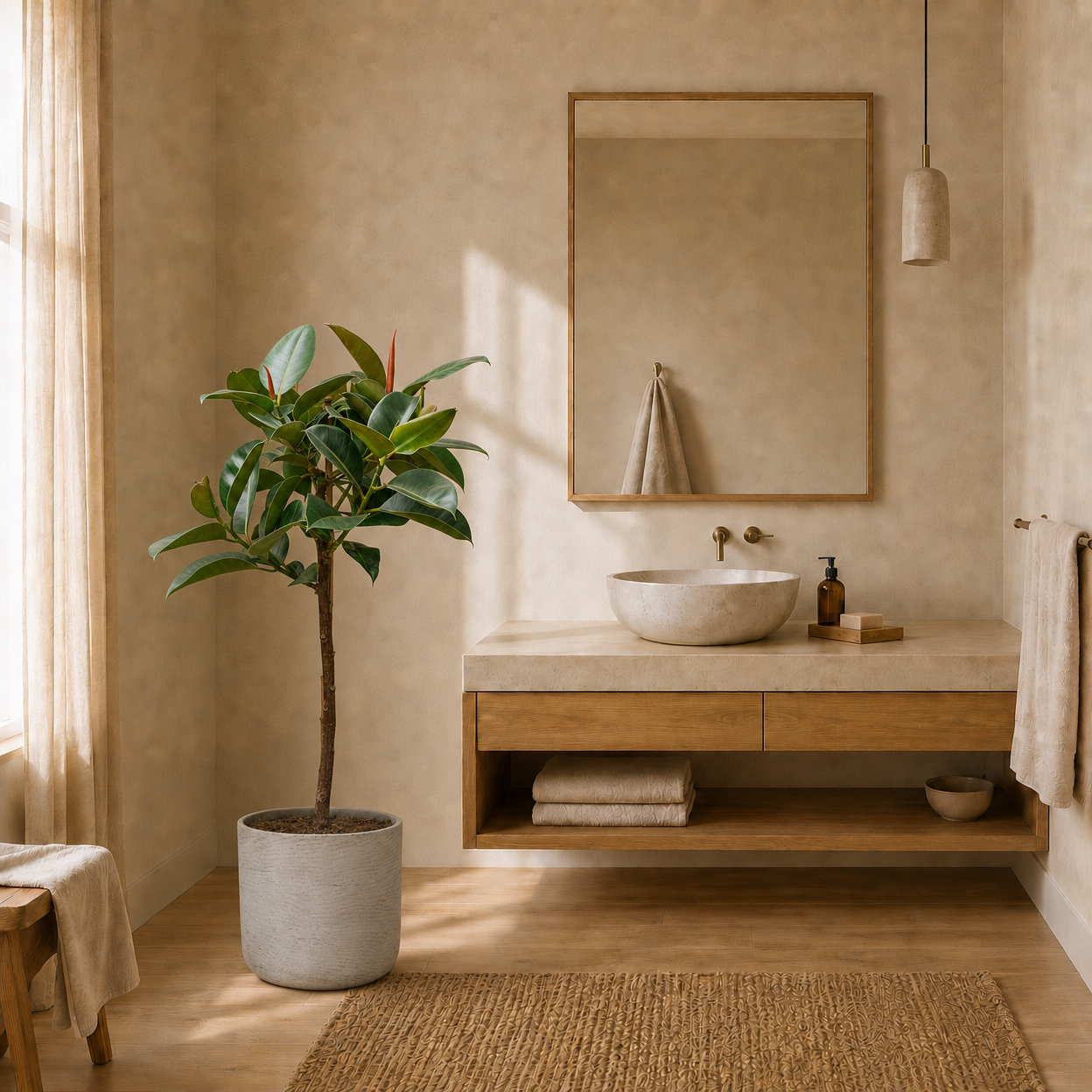 Ficus elastica 'Robusta' 130 cm v koupelně — květináč Charlie Grey Washed