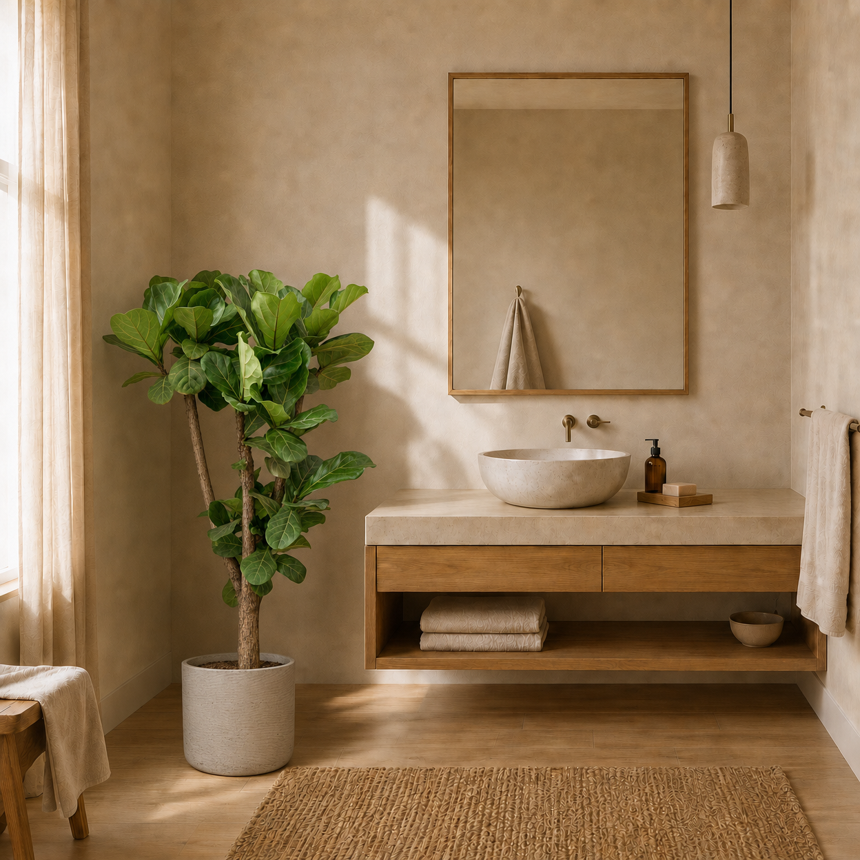 Ficus lyrata 125 cm v koupelně — květináč Charlie Grey Washed
