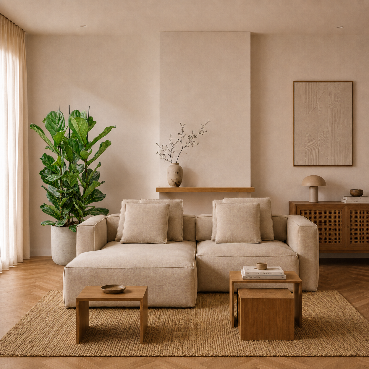Ficus lyrata 160 cm v obývacím pokoji — květináč Charlie Grey Washed