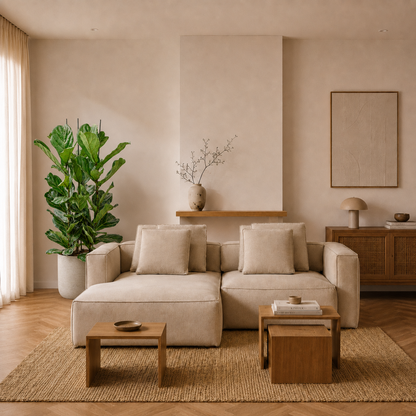 Ficus lyrata 160 cm v obývacím pokoji — květináč Charlie Grey Washed