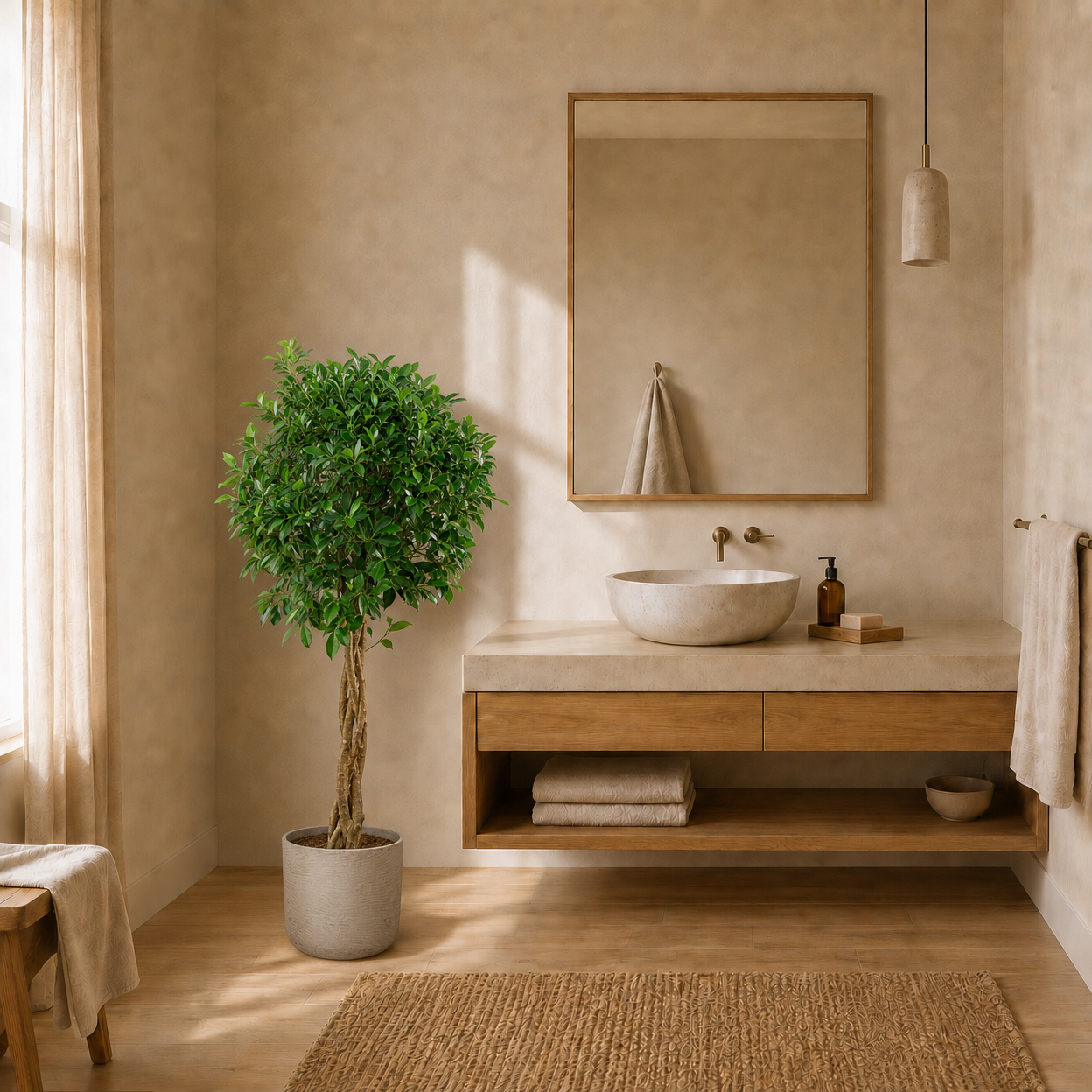 Ficus microcarpa ‘Nitida’ 130 cm v koupelně — květináč Charlie Grey Washed