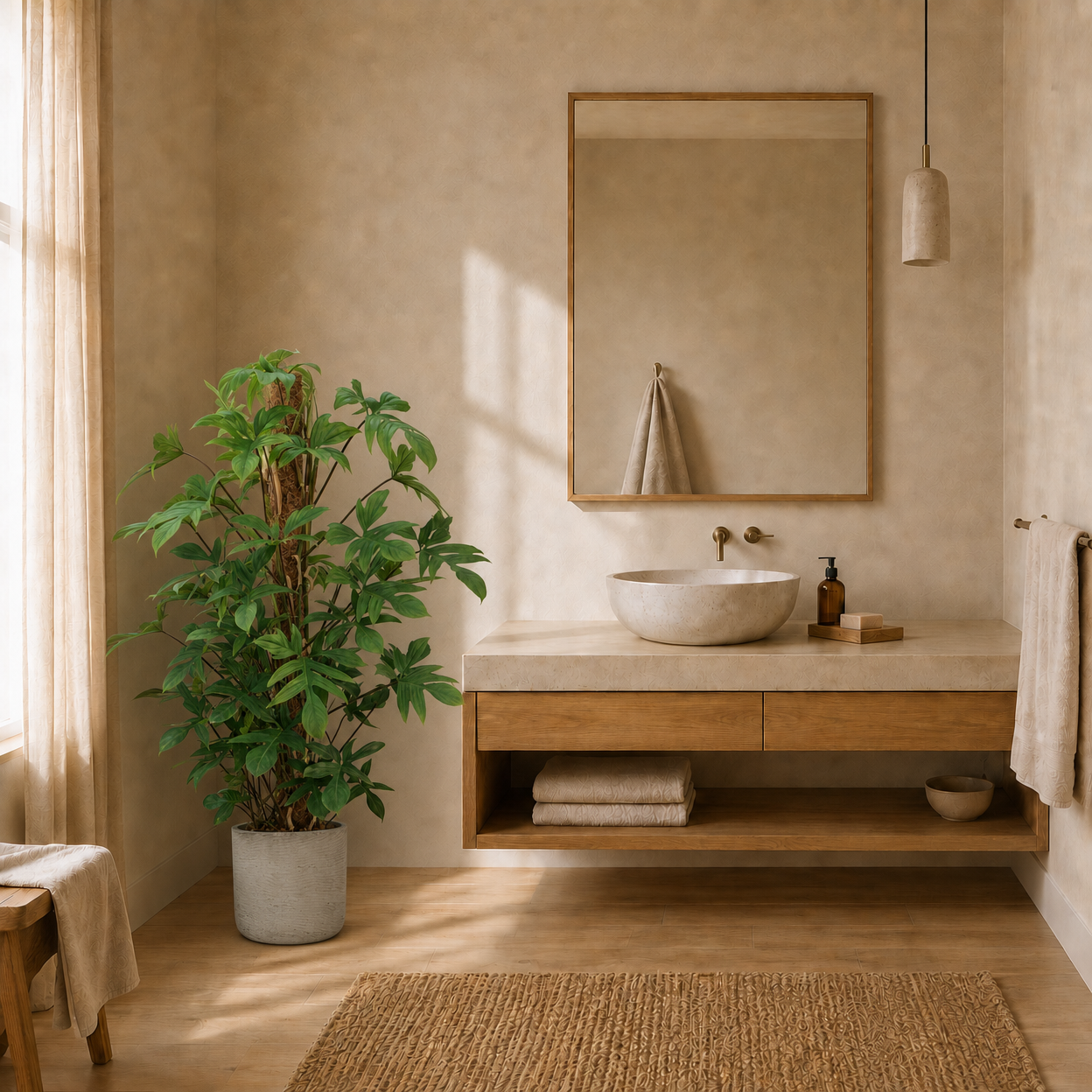 Philodendron pedatum 120 cm v koupelně — květináč Charlie Grey Washed