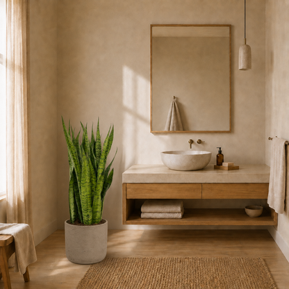 Sansevieria zeylanica 110 cm v koupelně — květináč Charlie Grey Washed